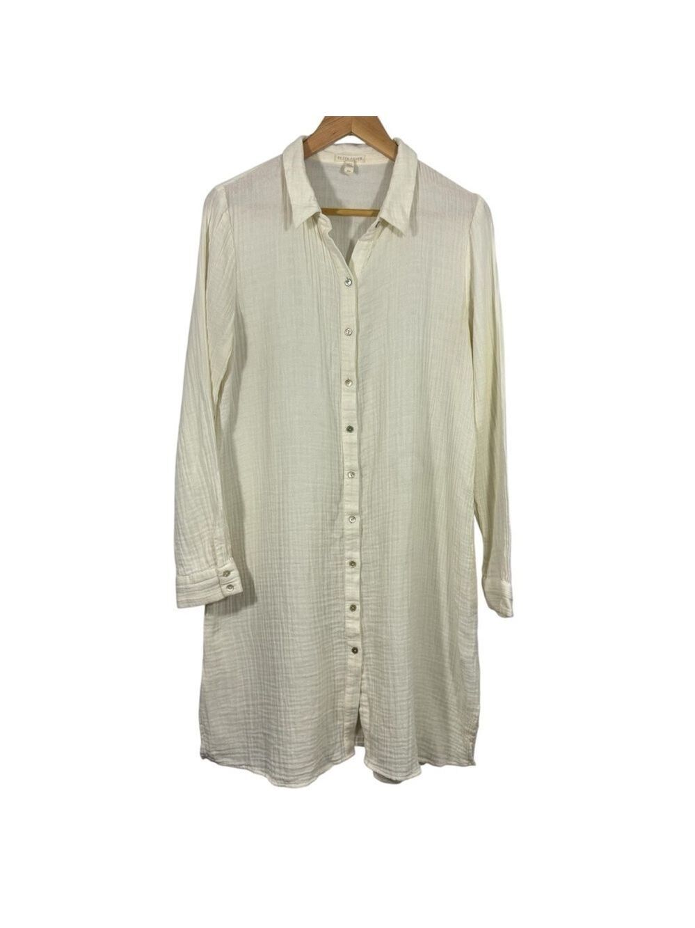 Eileen Fisher Gauzy Button Front Dress Sz S Organic Cotton Long Sleeve GUC